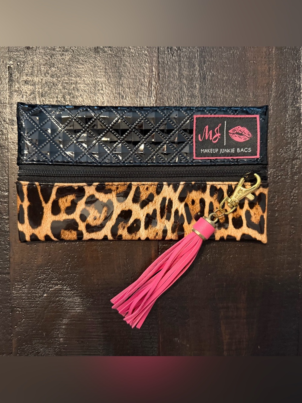 Makeup Junkie- Mini Leopard & Black Makeup Bag with Pink Tassel